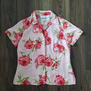 💙 Liz Claiborne 100% Linen Rose Print Preppy Blouse Size 10